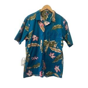 VTG Hawaii Blues Shirt Mens L Hawaiian Turquoise With Floral Pink Hibiscus
